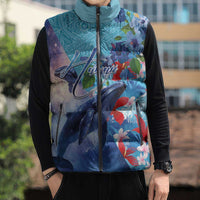 Hawaii Aloha Whales Sleeveless Puffer Jacket Hibiscus and Whales with Polynesian Pattern - Polynesian Pride