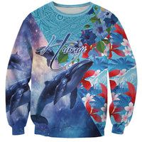 Hawaii Aloha Whales Sweatshirt Hibiscus and Whales with Polynesian Pattern LT03 Unisex Blue - Polynesian Pride