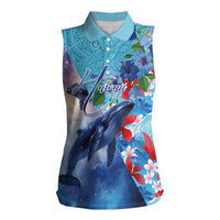 Hawaii Aloha Whales Women Sleeveless Polo Shirt Hibiscus and Whales with Polynesian Pattern LT03 Female Blue - Polynesian Pride