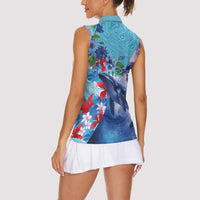 Hawaii Aloha Whales Women Sleeveless Polo Shirt Hibiscus and Whales with Polynesian Pattern LT03 - Polynesian Pride