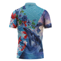 Hawaii Aloha Whales Zipper Polo Shirt Hibiscus and Whales with Polynesian Pattern - Polynesian Pride