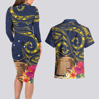 Tokelau Tokehega Day Couples Matching Long Sleeve Bodycon Dress and Hawaiian Shirt Coat of Arms with Polynesian Tattoo and Hibiscus