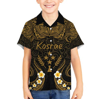 Personalised Kosrae Liberation Day Family Matching Off Shoulder Short Dress and Hawaiian Shirt Polynesian Tattoo and Plumeria Gold Color
