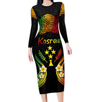 Personalised Kosrae Liberation Day Family Matching Long Sleeve Bodycon Dress and Hawaiian Shirt Polynesian Tattoo and Plumeria Reggae Color