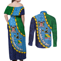 Malampa Fiji Day Couples Matching Off Shoulder Maxi Dress and Long Sleeve Button Shirt National Symbols with Tapa Tribal and Polynesian Tattoo