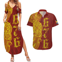 Tonga 676 Ngatu Tribal Tattoo Couples Matching Summer Maxi Dress and Hawaiian Shirt LT03 Red - Polynesian Pride