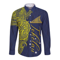 Personalised Tokelau Classic Ngatu Motifs Long Sleeve Button Shirt LT03 Unisex Blue - Polynesian Pride
