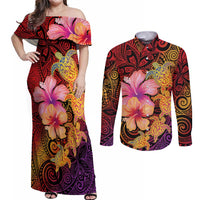 Hawaiian Hibiscus Turtle Tribal Polynesian Pattern Couples Matching Off Shoulder Maxi Dress and Long Sleeve Button Shirt Colorful Color LT03 Red - Polynesian Pride