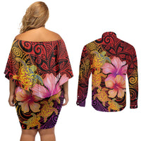 Hawaiian Hibiscus Turtle Tribal Polynesian Pattern Couples Matching Off Shoulder Short Dress and Long Sleeve Button Shirt Colorful Color LT03 - Polynesian Pride