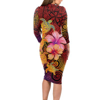 Hawaiian Hibiscus Turtle Tribal Polynesian Pattern Long Sleeve Bodycon Dress Colorful Color