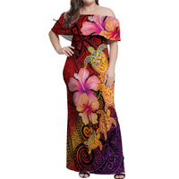 Hawaiian Hibiscus Turtle Tribal Polynesian Pattern Off Shoulder Maxi Dress Colorful Color LT03 Women Red - Polynesian Pride