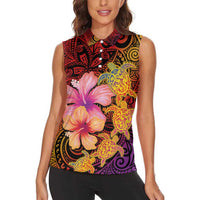 Hawaiian Hibiscus Turtle Tribal Polynesian Pattern Women Sleeveless Polo Shirt Colorful Color