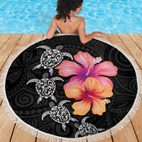 Hawaiian Hibiscus Turtle Tribal Polynesian Pattern Beach Blanket Black Color LT03 - Polynesian Pride