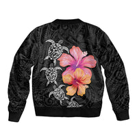 Hawaiian Hibiscus Turtle Tribal Polynesian Pattern Bomber Jacket Black Color