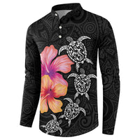 Hawaiian Hibiscus Turtle Tribal Polynesian Pattern Button Sweatshirt Black Color LT03 - Polynesian Pride