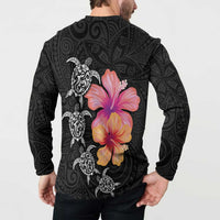 Hawaiian Hibiscus Turtle Tribal Polynesian Pattern Button Sweatshirt Black Color LT03 - Polynesian Pride