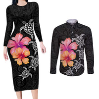 Hawaiian Hibiscus Turtle Tribal Polynesian Pattern Couples Matching Long Sleeve Bodycon Dress and Long Sleeve Button Shirt Black Color LT03 Black - Polynesian Pride