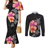 Hawaiian Hibiscus Turtle Tribal Polynesian Pattern Couples Matching Mermaid Dress and Long Sleeve Button Shirt Black Color LT03 Black - Polynesian Pride