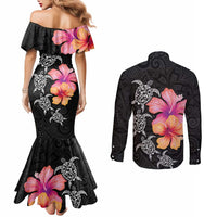 Hawaiian Hibiscus Turtle Tribal Polynesian Pattern Couples Matching Mermaid Dress and Long Sleeve Button Shirt Black Color LT03 - Polynesian Pride