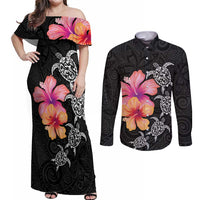 Hawaiian Hibiscus Turtle Tribal Polynesian Pattern Couples Matching Off Shoulder Maxi Dress and Long Sleeve Button Shirt Black Color LT03 Black - Polynesian Pride