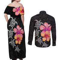 Hawaiian Hibiscus Turtle Tribal Polynesian Pattern Couples Matching Off Shoulder Maxi Dress and Long Sleeve Button Shirt Black Color LT03 - Polynesian Pride