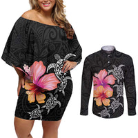 Hawaiian Hibiscus Turtle Tribal Polynesian Pattern Couples Matching Off Shoulder Short Dress and Long Sleeve Button Shirt Black Color LT03 Black - Polynesian Pride