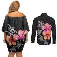 Hawaiian Hibiscus Turtle Tribal Polynesian Pattern Couples Matching Off Shoulder Short Dress and Long Sleeve Button Shirt Black Color LT03 - Polynesian Pride