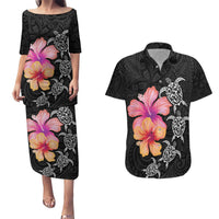 Hawaiian Hibiscus Turtle Tribal Polynesian Pattern Couples Matching Puletasi and Hawaiian Shirt Black Color LT03 Black - Polynesian Pride