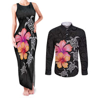 Hawaiian Hibiscus Turtle Tribal Polynesian Pattern Couples Matching Tank Maxi Dress and Long Sleeve Button Shirt Black Color LT03 Black - Polynesian Pride