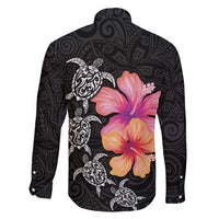 Hawaiian Hibiscus Turtle Tribal Polynesian Pattern Family Matching Off Shoulder Maxi Dress and Hawaiian Shirt Black Color LT03 - Polynesian Pride