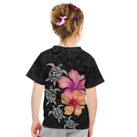 Hawaiian Hibiscus Turtle Tribal Polynesian Pattern Kid T Shirt Black Color