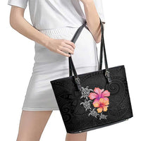 Hawaiian Hibiscus Turtle Tribal Polynesian Pattern Leather Tote Bag Black Color LT03 - Polynesian Pride