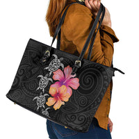 Hawaiian Hibiscus Turtle Tribal Polynesian Pattern Leather Tote Bag Black Color LT03 - Polynesian Pride