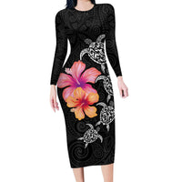 Hawaiian Hibiscus Turtle Tribal Polynesian Pattern Long Sleeve Bodycon Dress Black Color