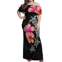 Hawaiian Hibiscus Turtle Tribal Polynesian Pattern Off Shoulder Maxi Dress Black Color LT03 Women Black - Polynesian Pride