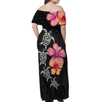 Hawaiian Hibiscus Turtle Tribal Polynesian Pattern Off Shoulder Maxi Dress Black Color LT03 - Polynesian Pride