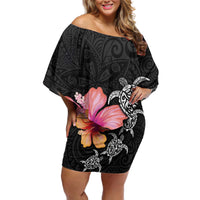 Hawaiian Hibiscus Turtle Tribal Polynesian Pattern Off Shoulder Short Dress Black Color LT03 Women Black - Polynesian Pride