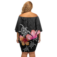 Hawaiian Hibiscus Turtle Tribal Polynesian Pattern Off Shoulder Short Dress Black Color LT03 - Polynesian Pride
