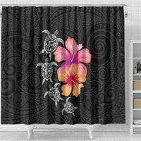 Hawaiian Hibiscus Turtle Tribal Polynesian Pattern Shower Curtain Black Color
