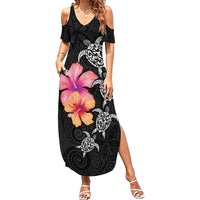Hawaiian Hibiscus Turtle Tribal Polynesian Pattern Summer Maxi Dress Black Color LT03 Women Black - Polynesian Pride
