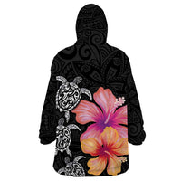 Hawaiian Hibiscus Turtle Tribal Polynesian Pattern Wearable Blanket Hoodie Black Color LT03 - Polynesian Pride