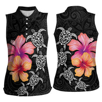 Hawaiian Hibiscus Turtle Tribal Polynesian Pattern Women Sleeveless Polo Shirt Black Color