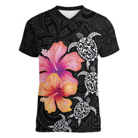 Hawaiian Hibiscus Turtle Tribal Polynesian Pattern Women V-Neck T-Shirt Black Color