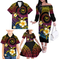 Hawaiian Plumeria Turtle Tribal Spiral Polynesian Tattoo Family Matching Off The Shoulder Long Sleeve Dress and Hawaiian Shirt Fanciful Color