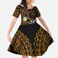 Hawaiian Plumeria Turtle Tribal Spiral Polynesian Tattoo Family Matching Long Sleeve Bodycon Dress and Hawaiian Shirt Gold Color LT03 Daughter's Dress Gold - Polynesian Pride