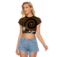 Hawaiian Plumeria Turtle Tribal Spiral Polynesian Tattoo Raglan Cropped T Shirt Gold Color
