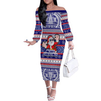 Custom American Samoa Christmas Off The Shoulder Long Sleeve Dress Samoan Coat of Arms and Cool Santa Ornament Style LT03 Women Blue - Polynesian Pride