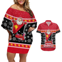 Papua New Guinea Christmas Couples Matching Off Shoulder Short Dress and Hawaiian Shirt Santa With Flag Of PNG Polynesian Tribal Xmas Vibe LT03 Red - Polynesian Pride