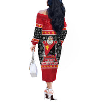 Papua New Guinea Christmas Off The Shoulder Long Sleeve Dress Santa With Flag Of PNG Polynesian Tribal Xmas Vibe LT03 - Polynesian Pride