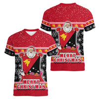 Papua New Guinea Christmas Women V Neck T Shirt Santa With Flag Of PNG Polynesian Tribal Xmas Vibe LT03 - Polynesian Pride